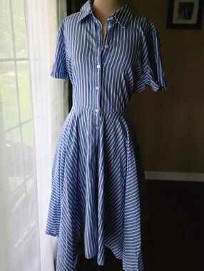 Ivy + Blu Striped Dress Size 16 Blue White Short Sleeve Cotton Waist Tie‎ Midi